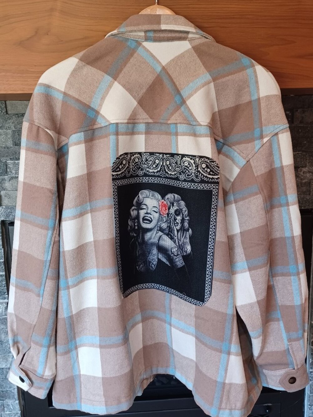 Upcycled Flannel Jacket Shacket Marilyn Monroe Tattoo Women's L Festival OOAK